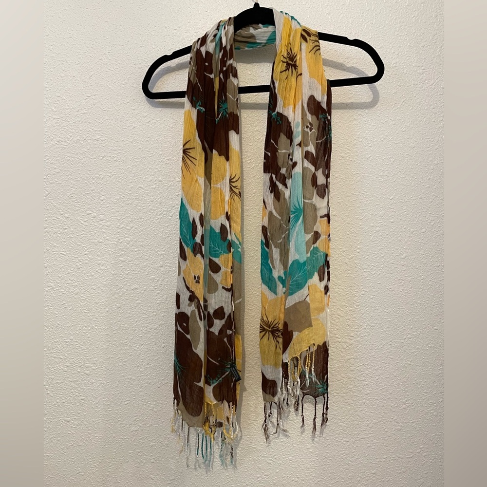 Vintage Style Brown, yellow and turquoise soft flowy floral scarf 100% viscose